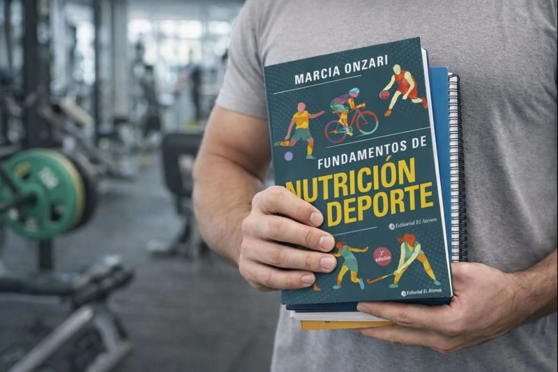 Preparador físico en gimnasio sosteniendo el libro “Fundamentos de Nutrición en el Deporte” junto a cuadernos de entrenamiento, en un entorno profesional de acondicionamiento físico.