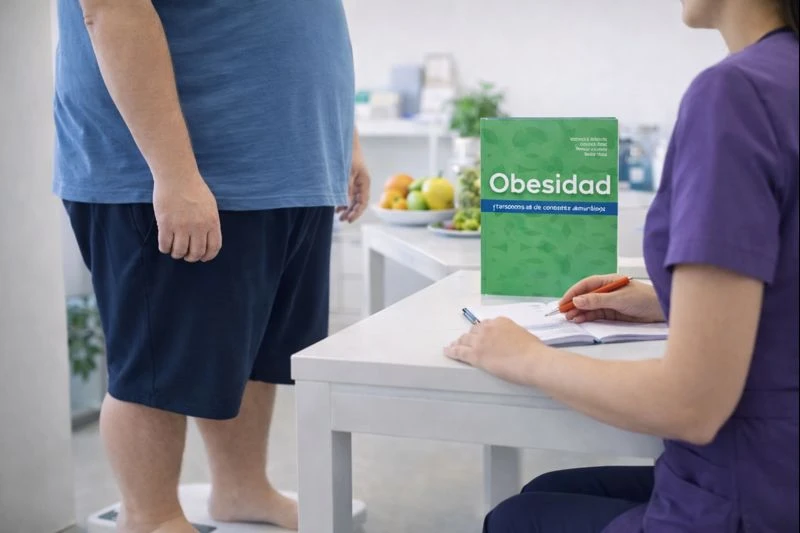 Consulta de nutrición donde un paciente con obesidad se prepara para pesarse, mientras una nutricionista con uniforme lila registra información clínica; el libro “Obesidad y trastornos de la conducta alimentaria” se observa sobre el escritorio como material de apoyo profesional.